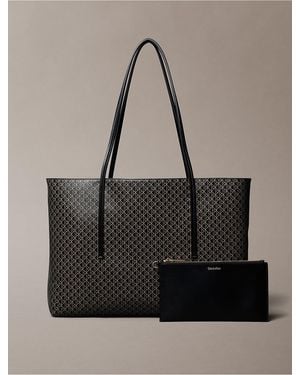 Calvin Klein Allover Monogram Logo Tote Bag With Pouch - Black
