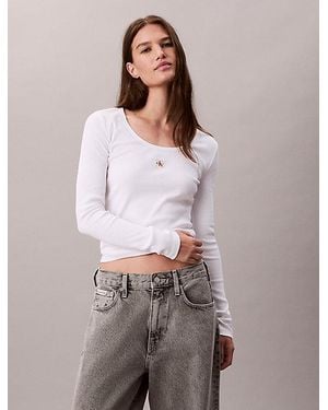 Calvin Klein Top Met Lange Mouwen Van Ribkatoen - Wit