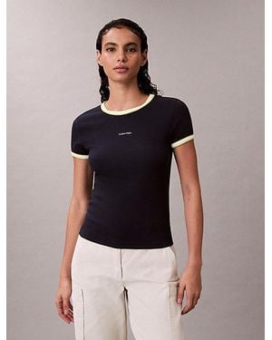 Calvin Klein Jeans Contrast Trim Ribbed Logo Graphic Baby Tee - Blue