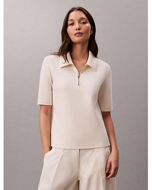 Calvin Klein Short Sleeve Zip Polo Top - Natural