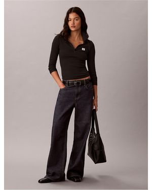 Calvin Klein Calvin Klein Woven Monologo Long Sleeve Polo Shirt - Black
