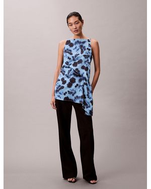 Calvin Klein Printed Satin Twisted Drape Tank - Blue