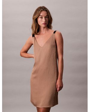 Calvin Klein Crinkle Satin V-Neck Slip Dress - Brown