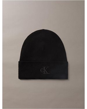 Calvin Klein Monogram Embroidery Fine Rib Beanie - Black