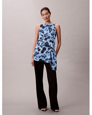 Calvin Klein Printed Satin Twisted Drape Tank - Blue