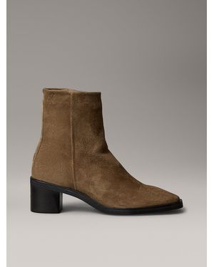 Calvin Klein Suede Square Toe Zip Ankle Boots - Brown