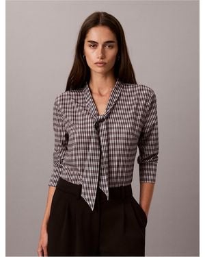 Calvin Klein Printed Scarf Neck Long Sleeve Top - Gray