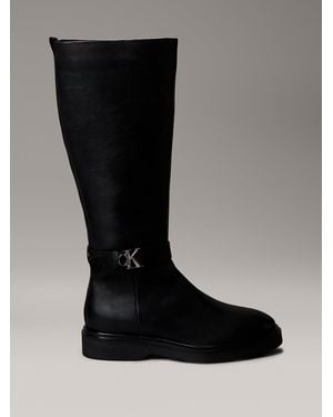 Calvin Klein Leather Signature Logo Knee Boots - Black