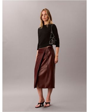 Calvin Klein Faux Leather Midi Wrap Skirt - Brown