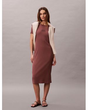 Calvin Klein Ribbed Cotton Logo Midi Dress - Brown