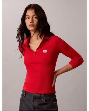 Calvin Klein Calvin Klein Woven Monologo Long Sleeve Polo Shirt - Red