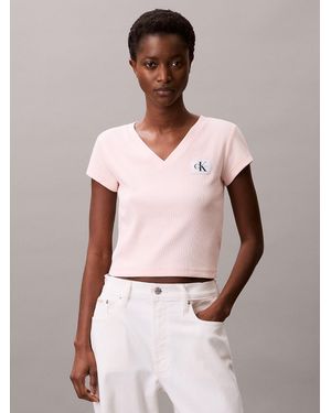 Calvin Klein T-Shirt À Col En V En Coton Côtelé - Rose