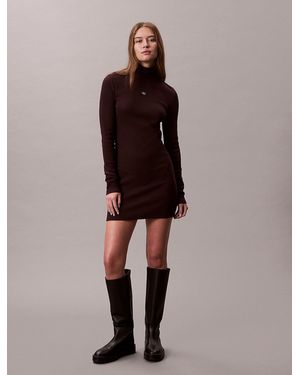 Calvin Klein Woven Monologo Rib Mini Dress - Brown