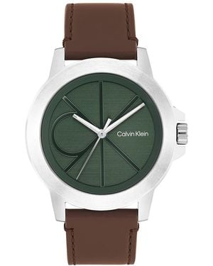 Calvin Klein Emblem Dial Leather Strap Watch - Green
