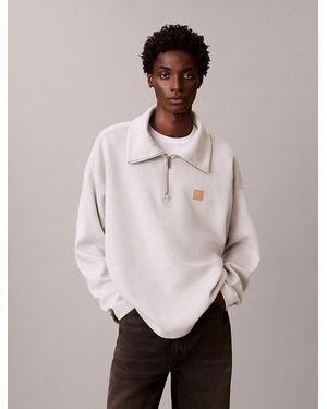 Calvin Klein Brushed Rib 1/4 Zip Emblem Logo Sweatshirt - Natural