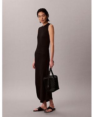 Calvin Klein Ribbed Cotton Asymmetric Midi Dress - Black