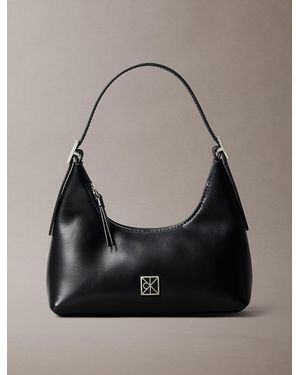 Calvin Klein Monogram Logo Emblem Leather Small Shoulder Bag - Grey