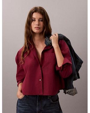 Calvin Klein Jeans Woven Monologo Cropped Poplin Button Down Shirt - Red