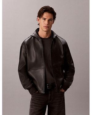 Calvin Klein Jeans Hooded Faux Leather Bomber Jacket - Black