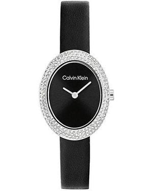 Calvin Klein Oval Crystal Leather Strap Watch - White