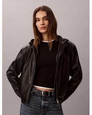 Calvin Klein Veste À Capuche En Similicuir - Noir
