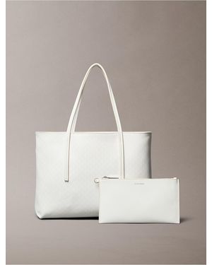 Calvin Klein Allover Monogram Logo Small Tote Bag With Pouch - Natural