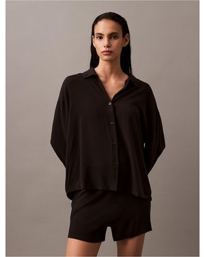 Calvin Klein Woven Viscose Button-Down Sleep Shirt - Black