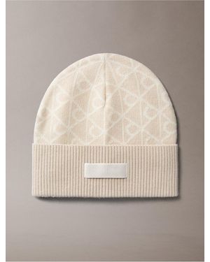 Calvin Klein Allover Emblem Logo Wool Beanie - Natural