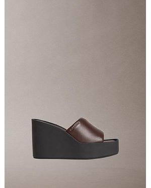 Calvin Klein Melia Leather Platform Wedge Sandals - Grey