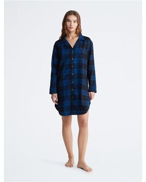 Calvin Klein Pure Flannel Relaxed Button-Down Shirt Dress - Blue