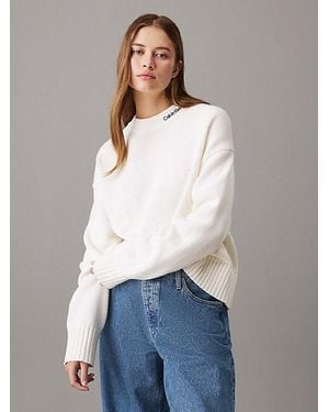Calvin Klein Katoen-Wollen Kraagtrui Met Logo - Wit