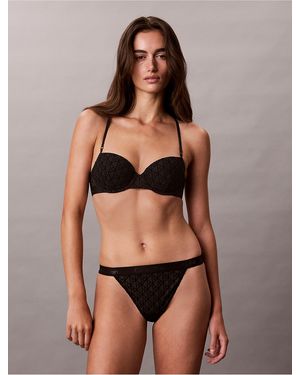 Calvin Klein Emblem Flocked Mesh High Leg Thong - Brown