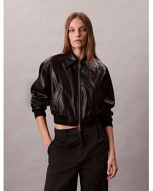 Calvin Klein Jeans Cropped Faux Leather Bomber Jacket - Black