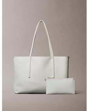 Calvin Klein Allover Monogram Logo Tote Bag With Pouch - Grey