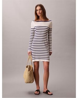 Calvin Klein Stripe Long Sleeve Rib Mini Dress - Pink