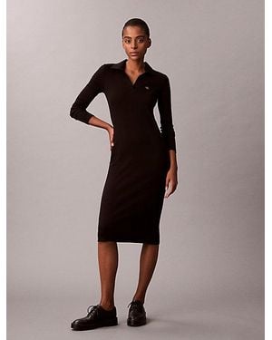 Calvin Klein Geweven Geribbelde Midi-Jurk Met Monologo - Zwart