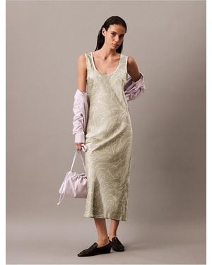 Calvin Klein Crushed Satin Print Midi Dress - Natural