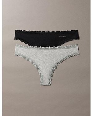 Calvin Klein 2 Pack Thongs Cotton Stretch Lace Trim - Grey