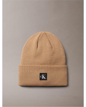 Calvin Klein Monogram Embroidery Cuff Beanie - Natural