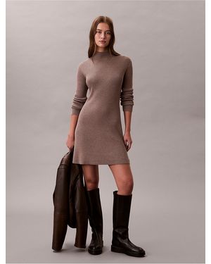 Calvin Klein Smooth Cotton Rib Turtleneck Mini Dress - Natural