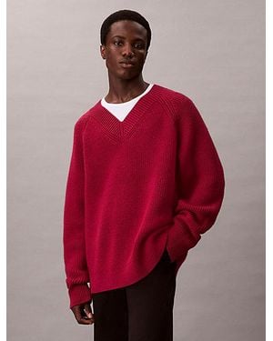 Calvin Klein Wool Blend V Neck Jumper - Red