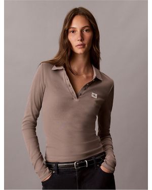 Calvin Klein Calvin Klein Woven Monologo Long Sleeve Polo Shirt - Brown