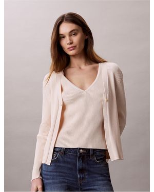 Calvin Klein Cotton Rib Cardigan And Tank Set - Natural