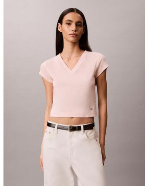 Calvin Klein Slim Ribbed Cotton V-Neck T-Shirt - Pink