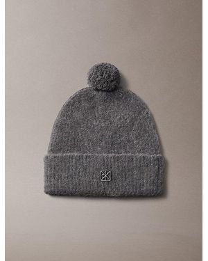 Calvin Klein Wool Blend Emblem Logo Pom Pom Beanie - Grey