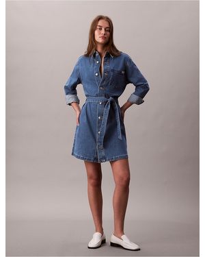 Calvin Klein Calvin Klein Denim Mini Tie Belt Shirt Dress - Blue