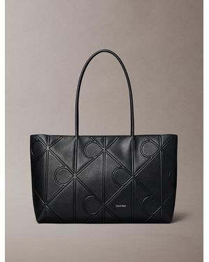 Calvin Klein Embossed Allover Monogram Logo Tote Bag - Grey