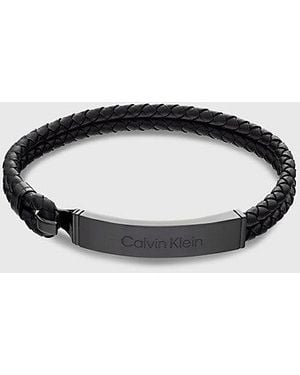 Calvin Klein Metal Logo Plaque Leather Bracelet - Black
