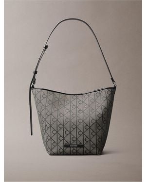 Calvin Klein Allover Emblem Logo Jacquard Bucket Bag With Pouch - Gray
