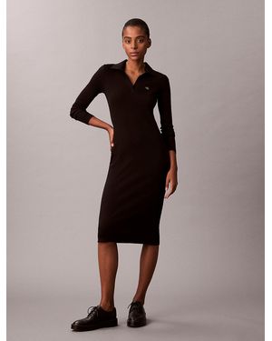 Calvin Klein Woven Monologo Rib Midi Dress - Black